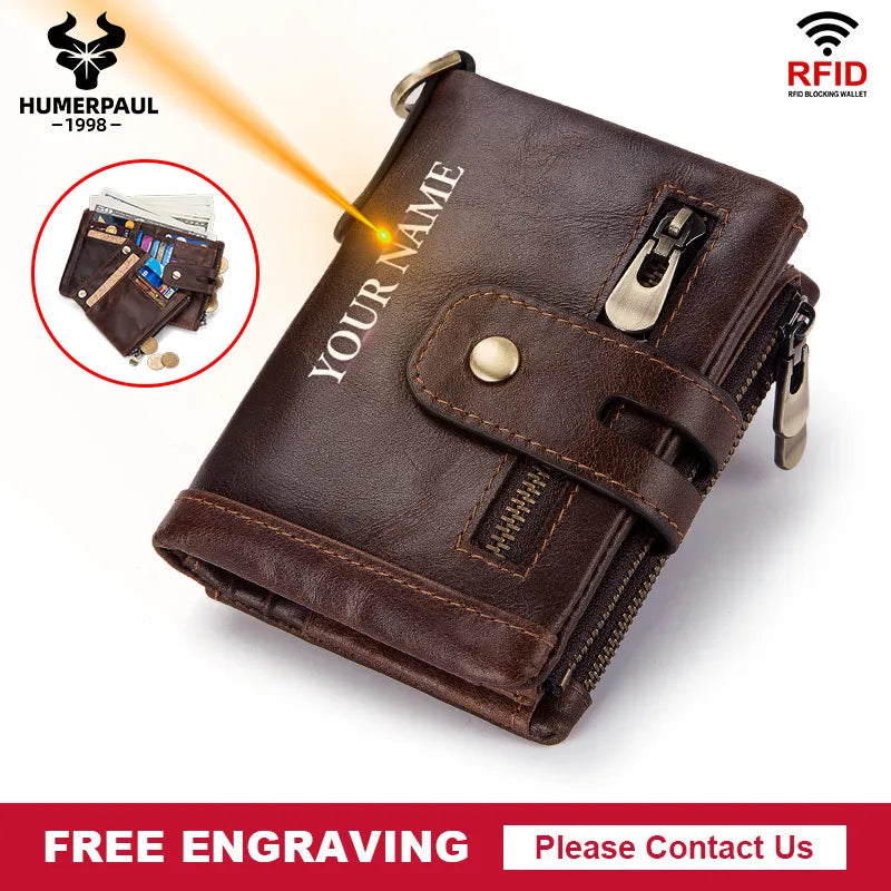 Tarjetero  RFID de cuero para hombre , diseño de lujo, bolsillo para monedas con cierre
